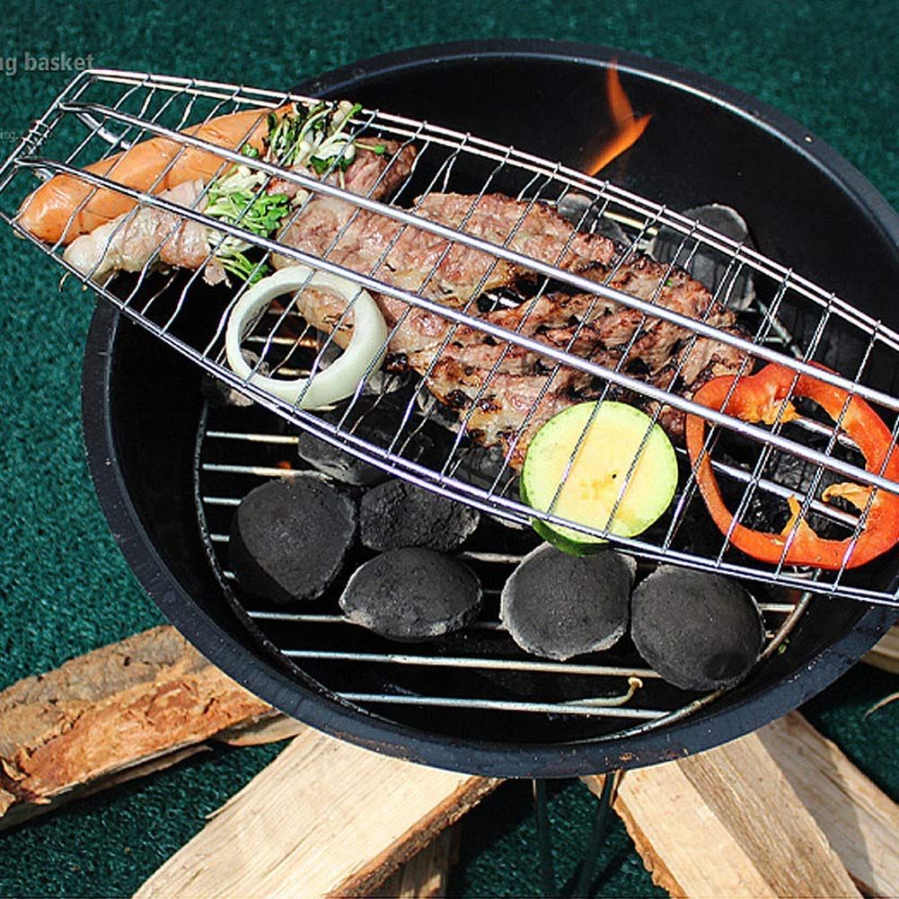 Braai Fish Griller Net Basket with Wooden Handle & Lock Flip Portable