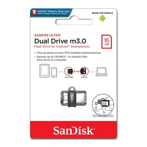 SanDisk Ultra Dual M3.0 16GB USB 3.2 Gen 1 Type-A / Black Silver and Transparent USB Flash Drive