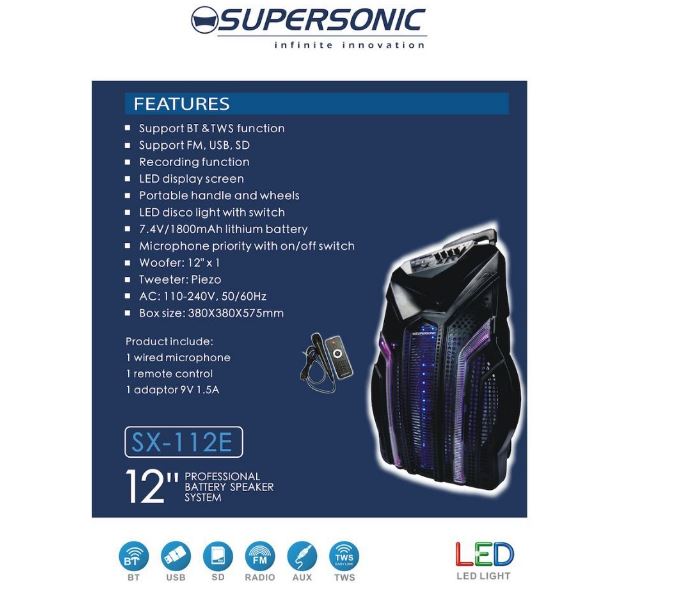 Supersonic 12" Portable Karoake Speaker Trolley with Mic+Remote SX-112E