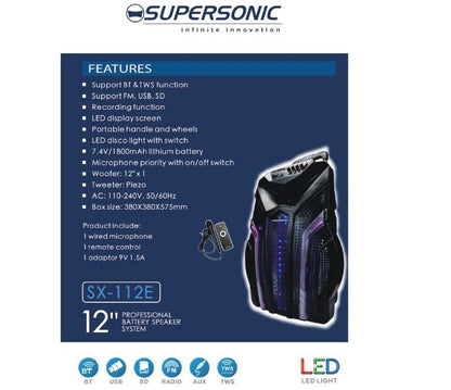 Supersonic 12" Portable Karoake Speaker Trolley with Mic+Remote SX-112E