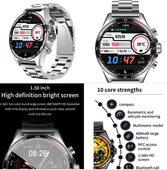 HZ6 - 1.58 Inch Full Screen Business + Sport Smart Watch - 3 X Straps - Silver